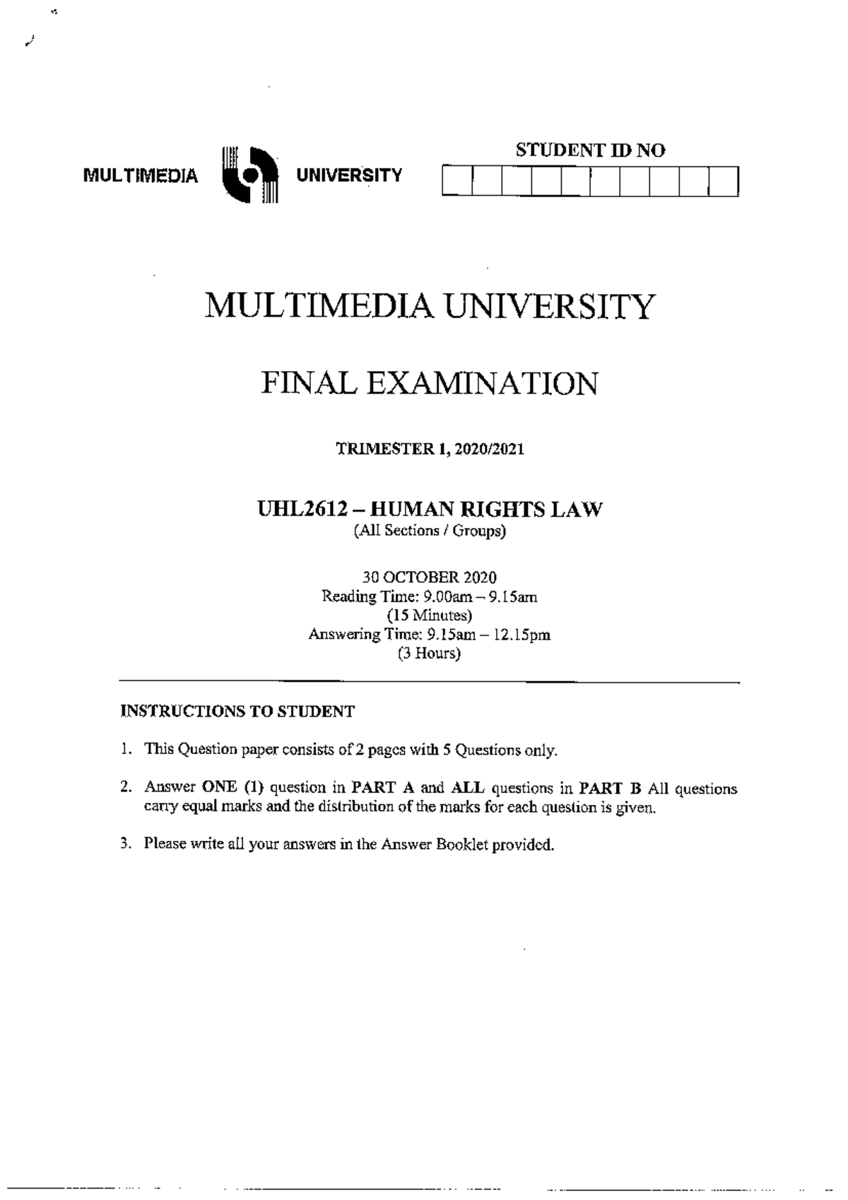 Human Rights Law UHL2612 Final Examination - Studocu