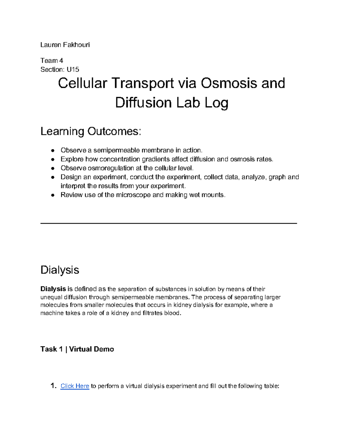 Osmosis Lab Log 4 - lab log - Lauren Fakhouri Team 4 Section: U ...