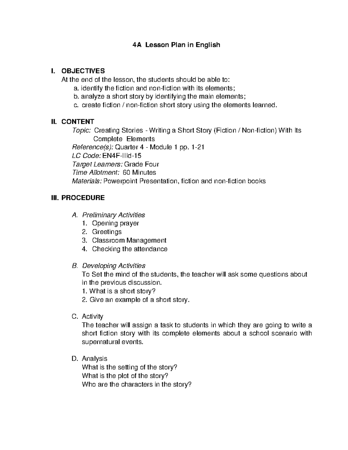 Semi Detailed Lesson Plan - English (Writing a Short Story) - 4A Lesson ...