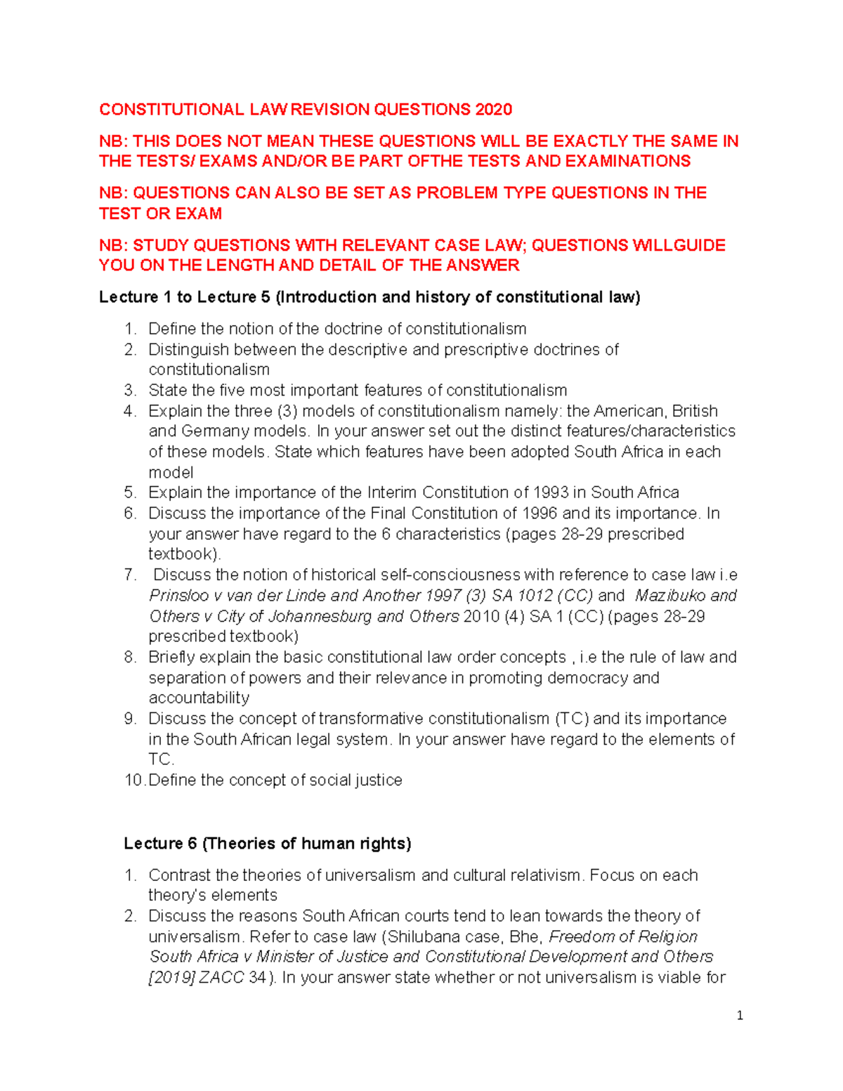 Constitutional LAW Revision Questions 2020 CONSTITUTIONAL LAW REVISION QUESTIONS 2020 NB THIS