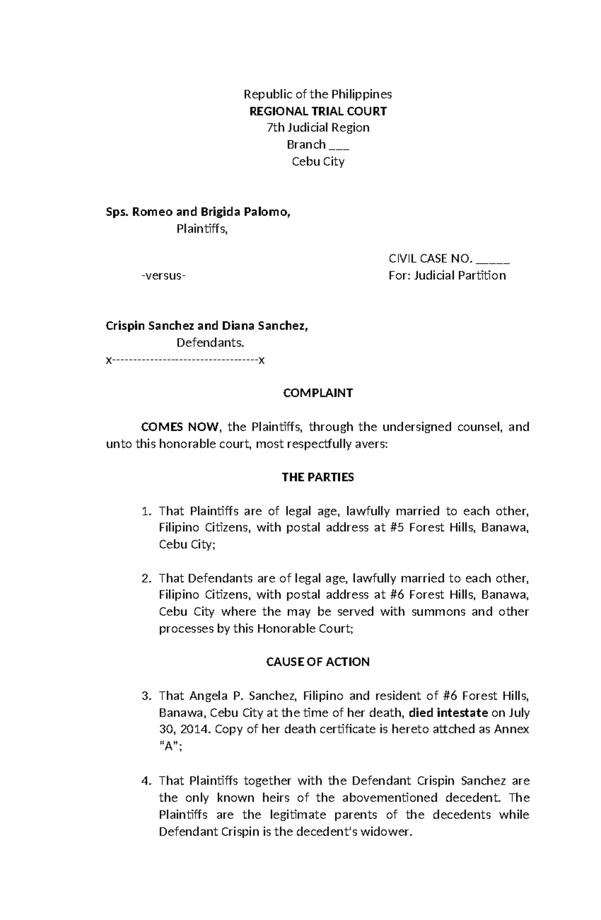 Judicial Partition - Republic of the Philippines REGIONAL TRIAL COURT ...