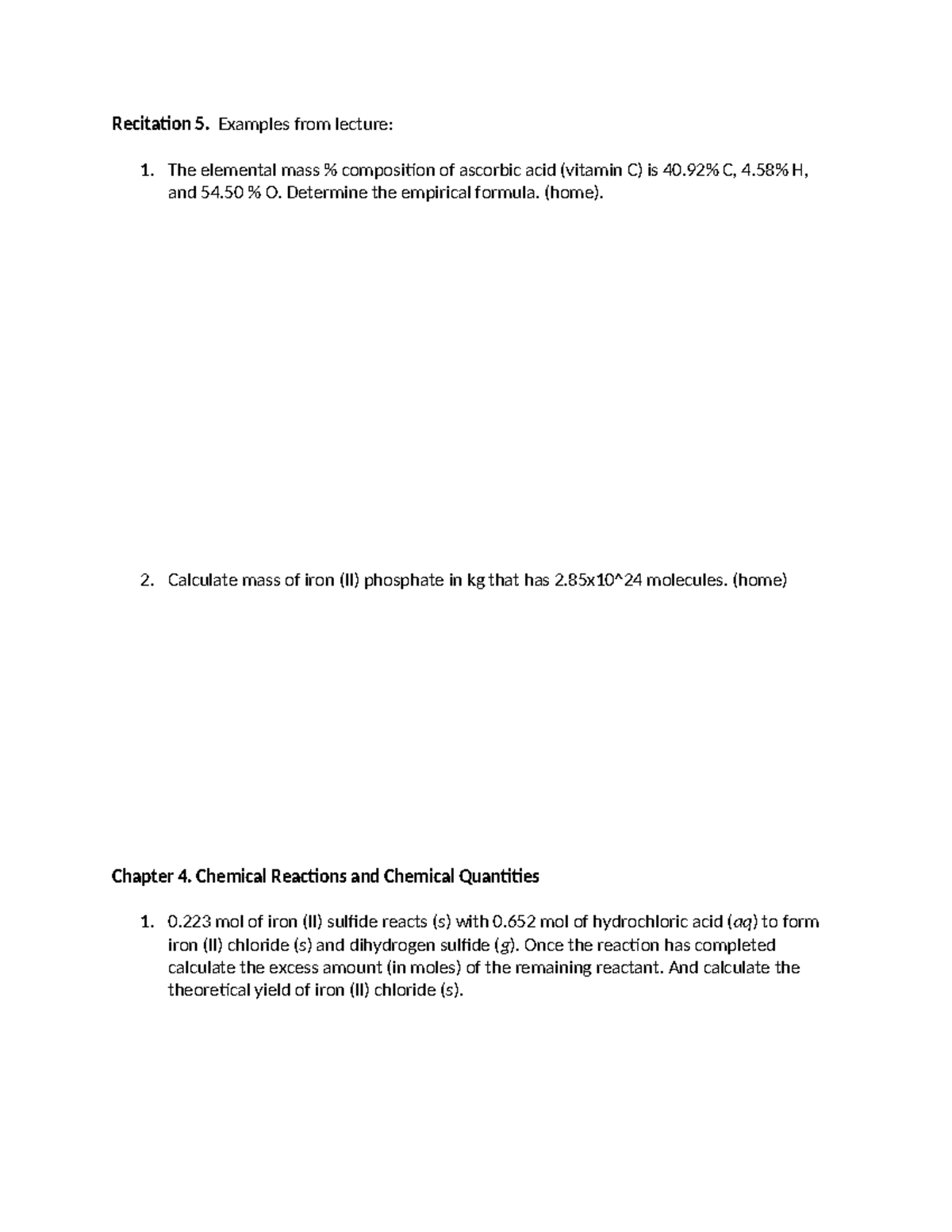 Recitation Ch - Recitation 5. Examples from lecture: 1. The elemental ...