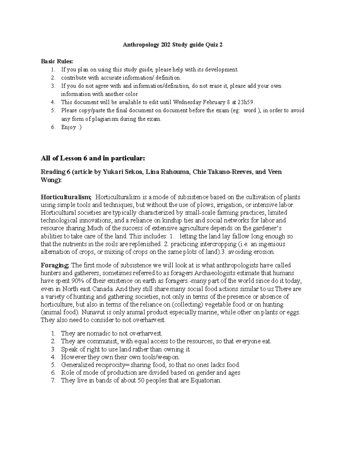 Anthropology 202 Study guide Quiz 2 Anthropology 202 Study guide Quiz