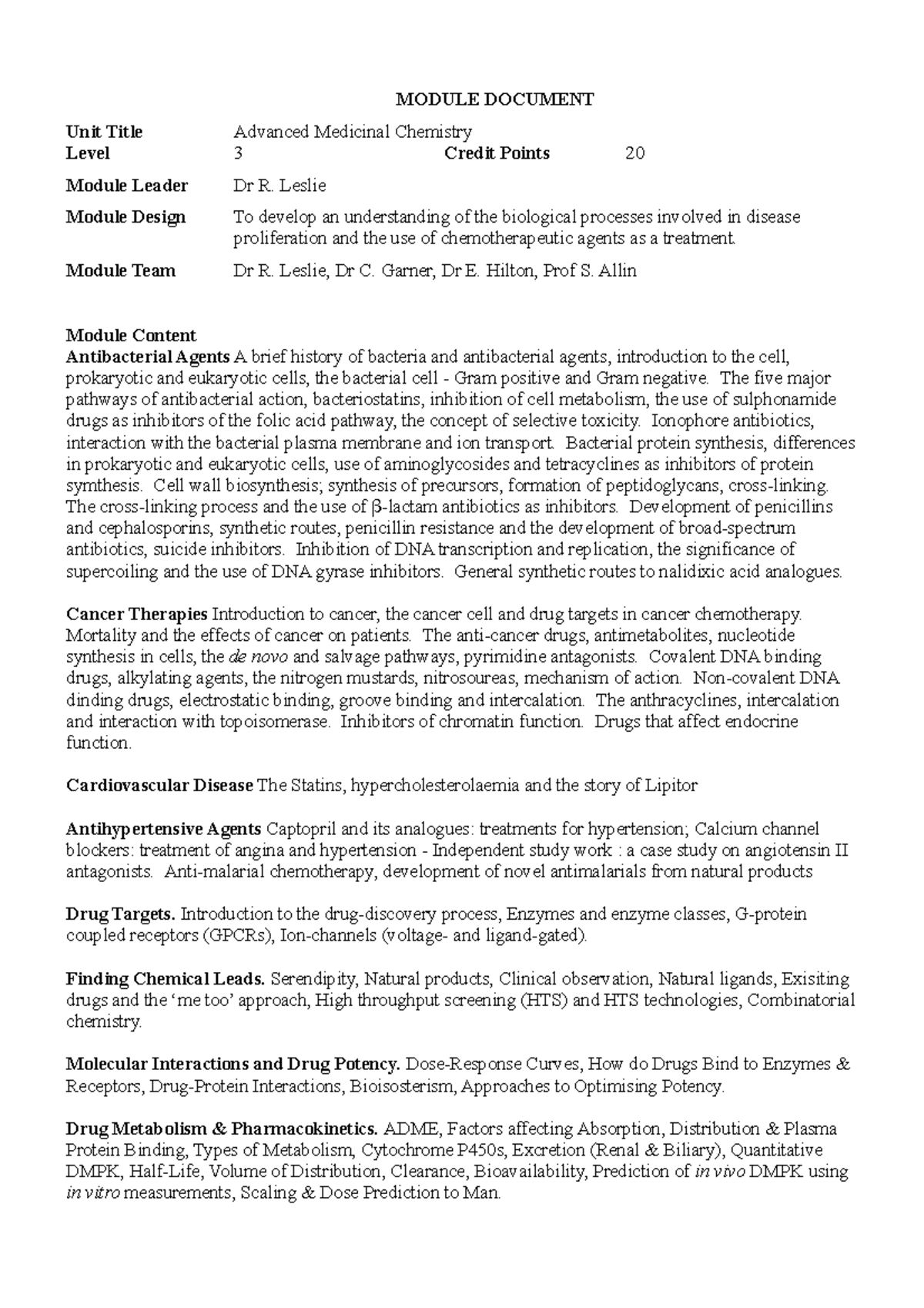 Adv Med Chem Mod Doc - Lecture notes 1 - MODULE DOCUMENT Unit Title ...