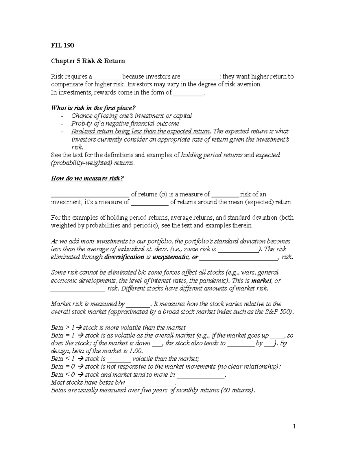 FIL 190 Ch.5 Risk Return blank - FIL 190 Chapter 5 Risk & Return Risk ...
