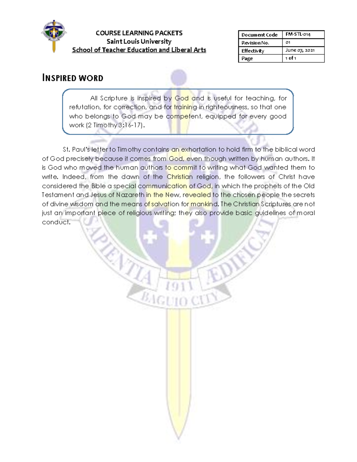 CFE 101 Module 1 Inspired Word - COURSE LEARNING PACKETS Document Code ...