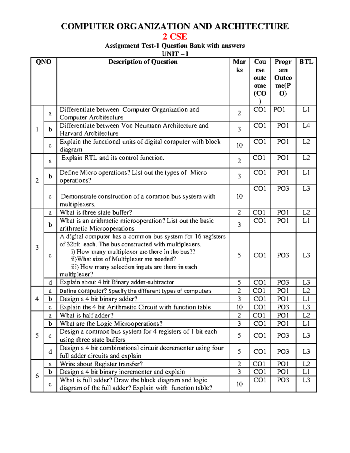 Coa Assignment Test-1 Qb With Answers - Computer Organization And 