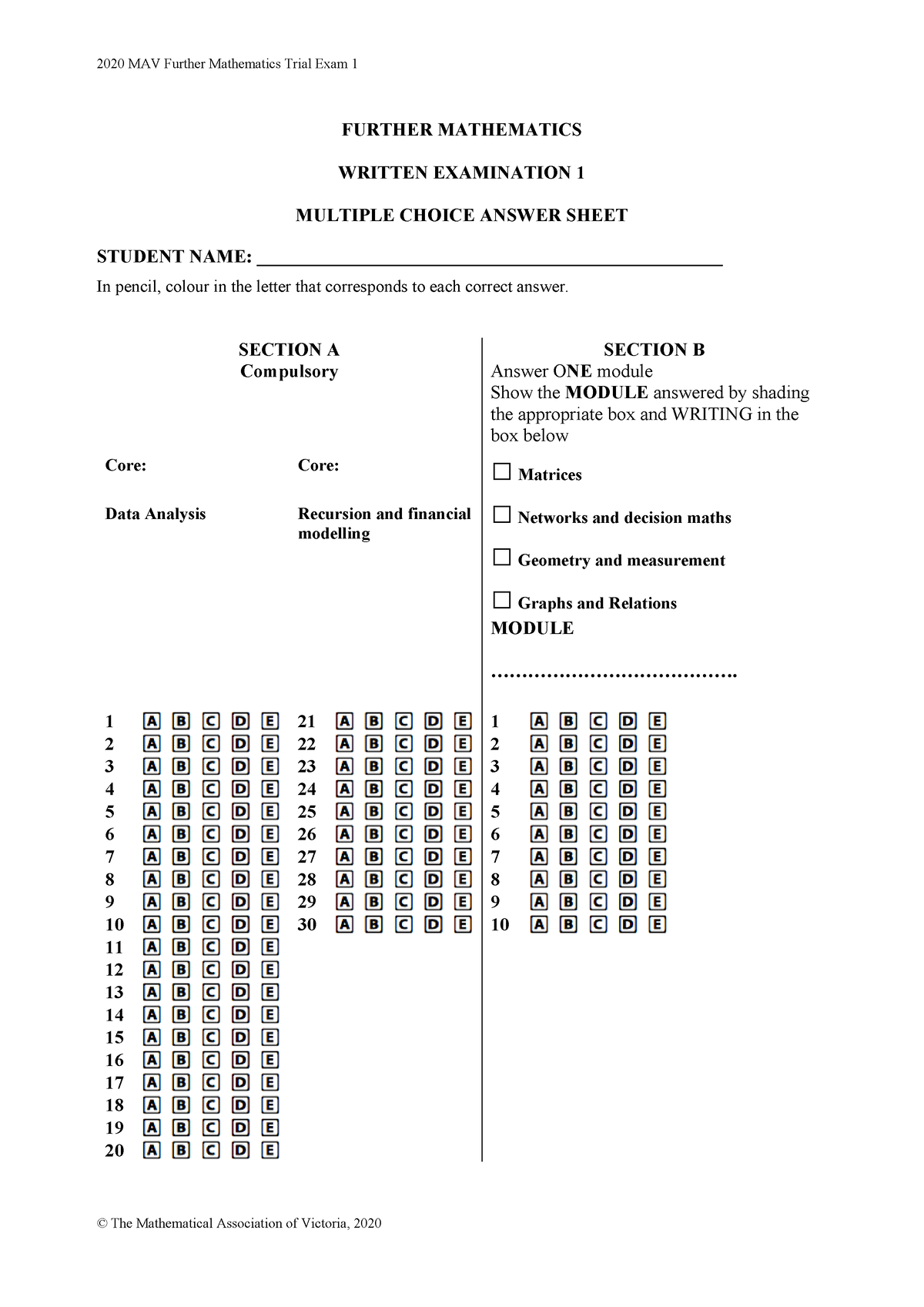 2020 MAV Further Maths Trial Exam 1 MC Answer Sheet - 2020 MAV Further ...