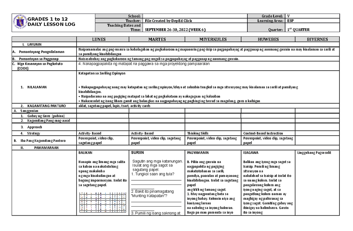 DLL ESP 5 Q1 W6 - sssdda - GRADES 1 to 12 DAILY LESSON LOG School ...