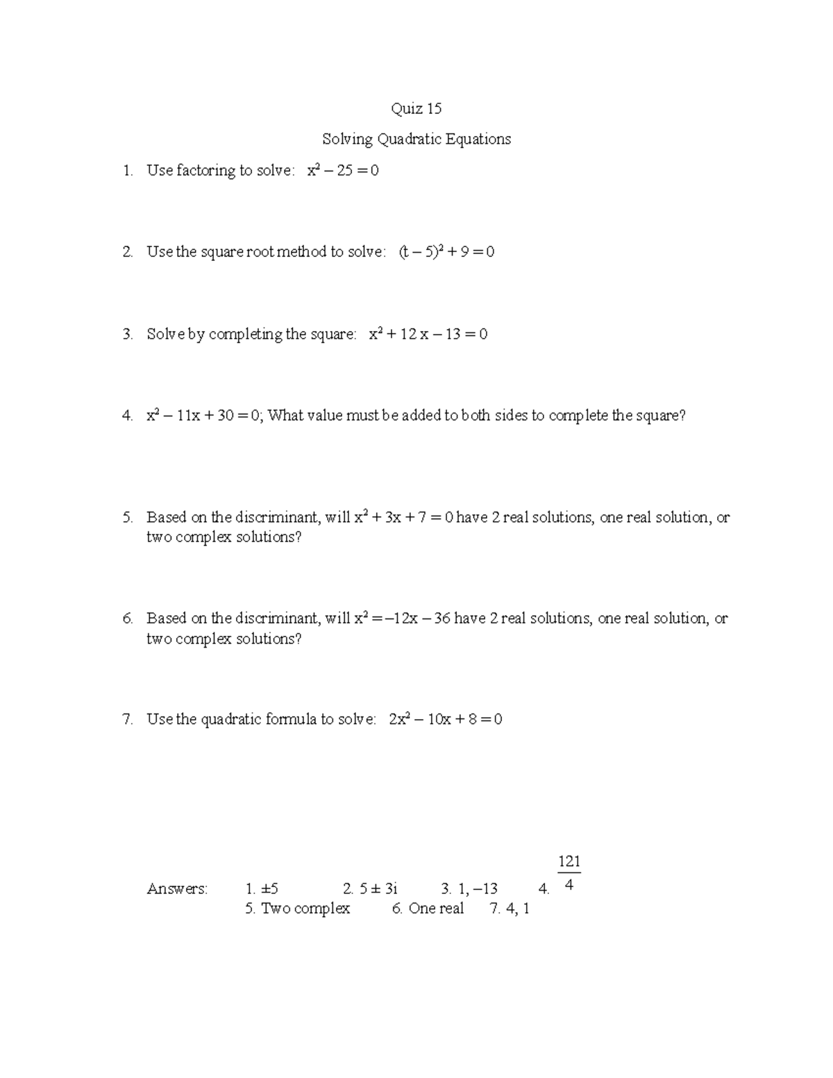 Quiz15 Sample Quiz 15 Solving Quadratic EquationsQuiz 15 Use Quiz15 Sample Quiz 15 Solving Quadratic EquationsQuiz 15 Use
