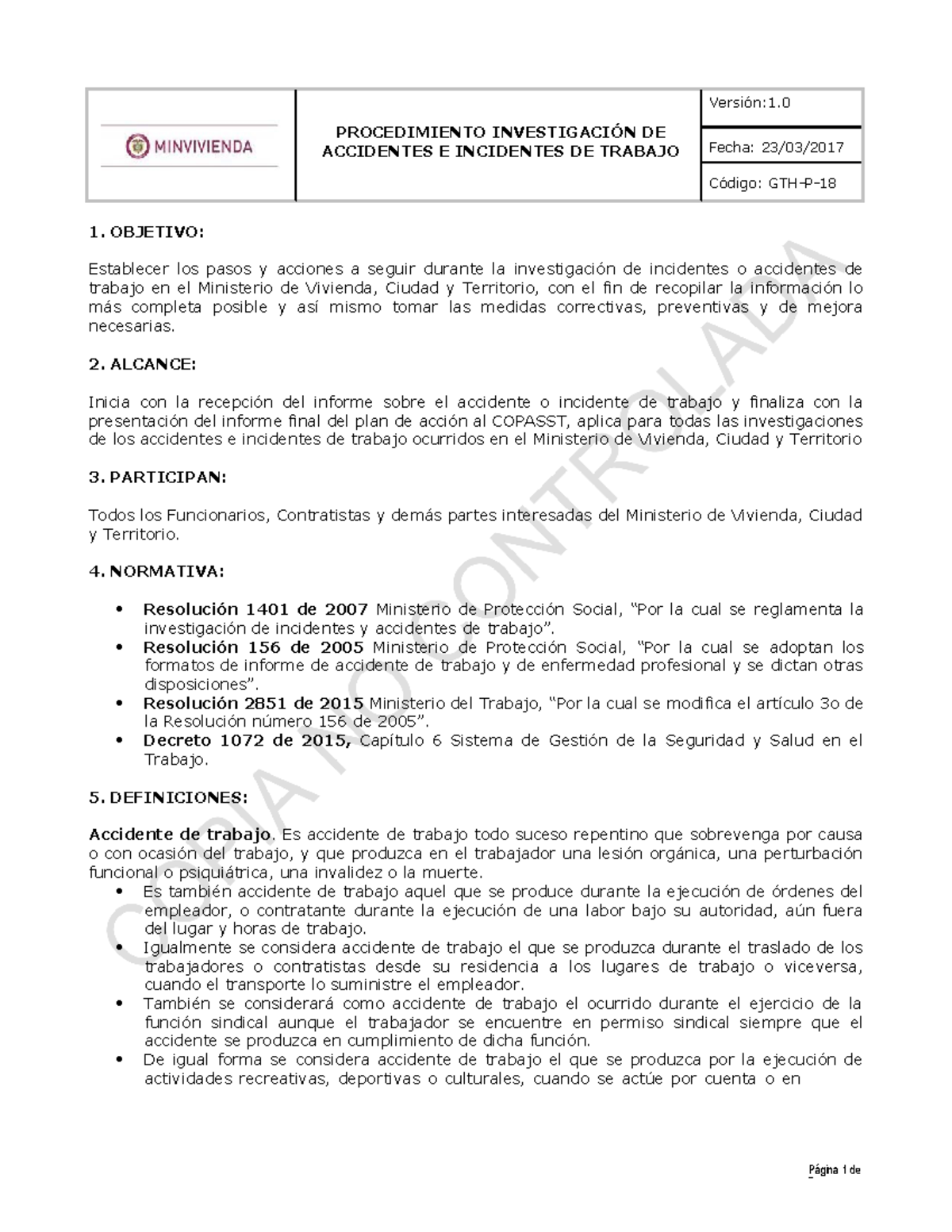 GTH-P-18 Procedimiento SST- Investigación DE Accidentes E Incidentes DE  Trabajo - Página1de - Studocu