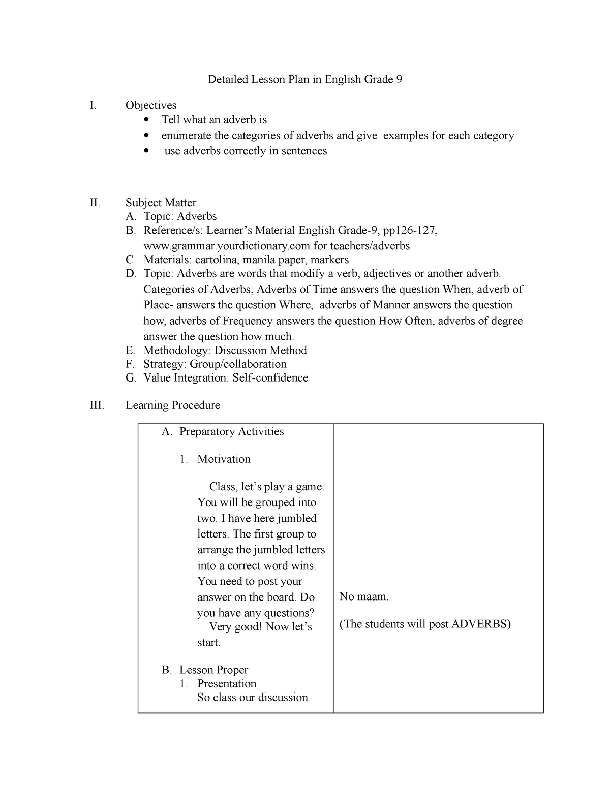 Toaz - LESSON PLAN IN ENGLISH 9 - Detailed Lesson Plan In English Grade ...