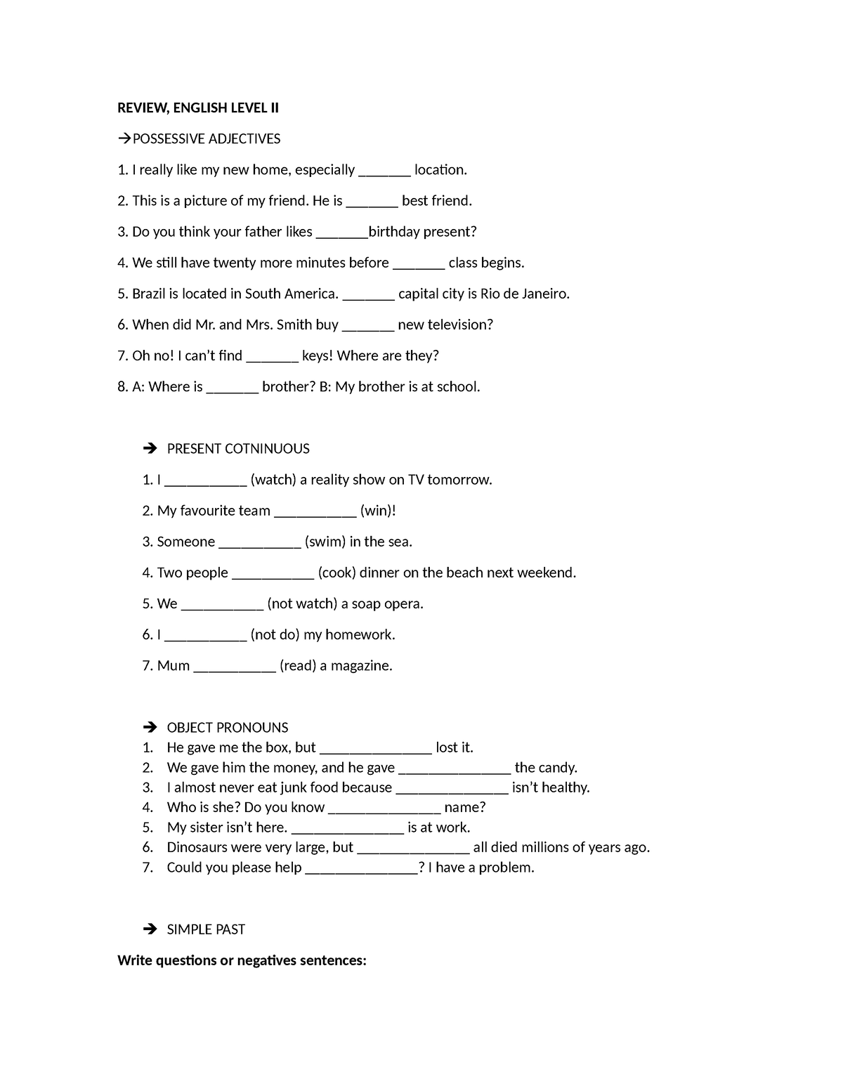 Review, English II - repaso - REVIEW, ENGLISH LEVEL II POSSESSIVE ...