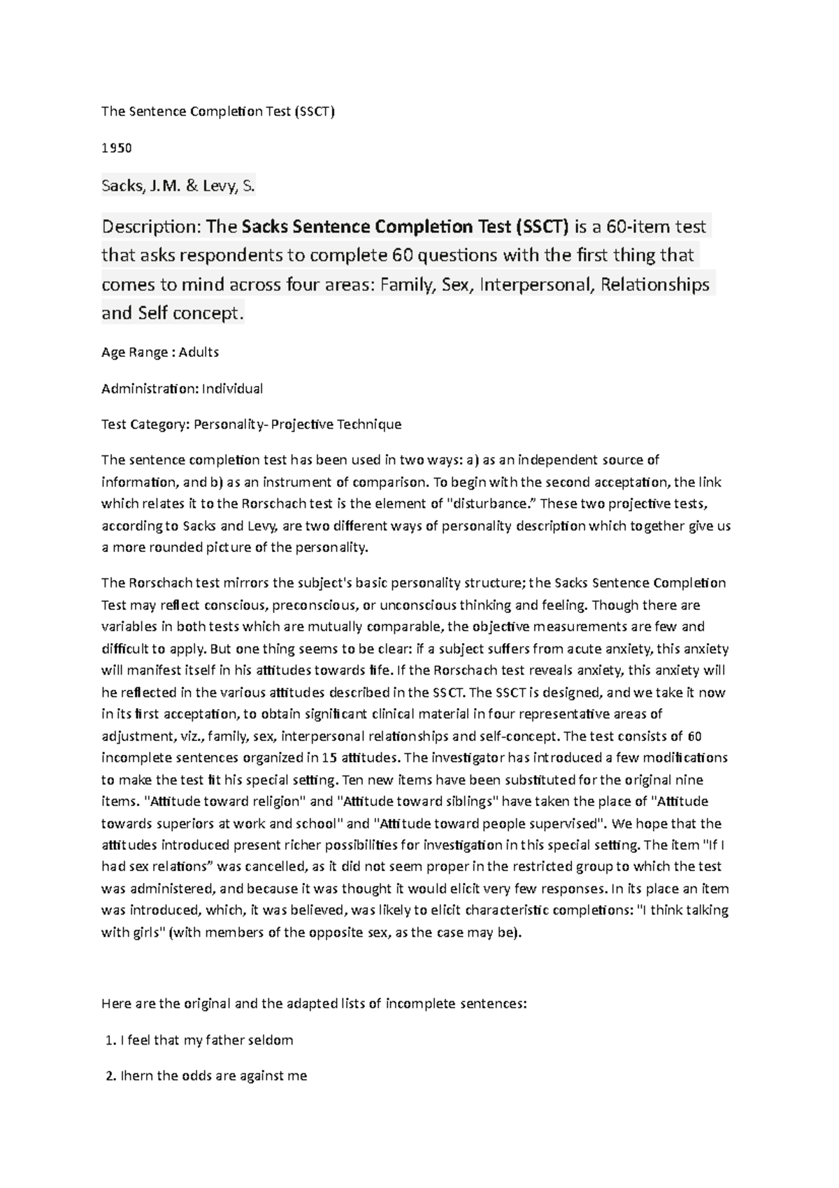 Ssct Ssct The Sentence Completion Test SSCT 1950 Sacks J Levy S Description The 