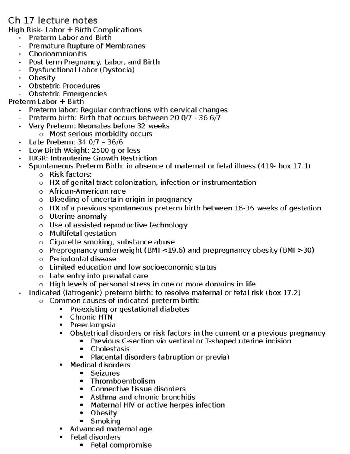 Ch 17 Lecture Notes - Ch 17 Lecture Notes High Risk- Labor + Birth ...