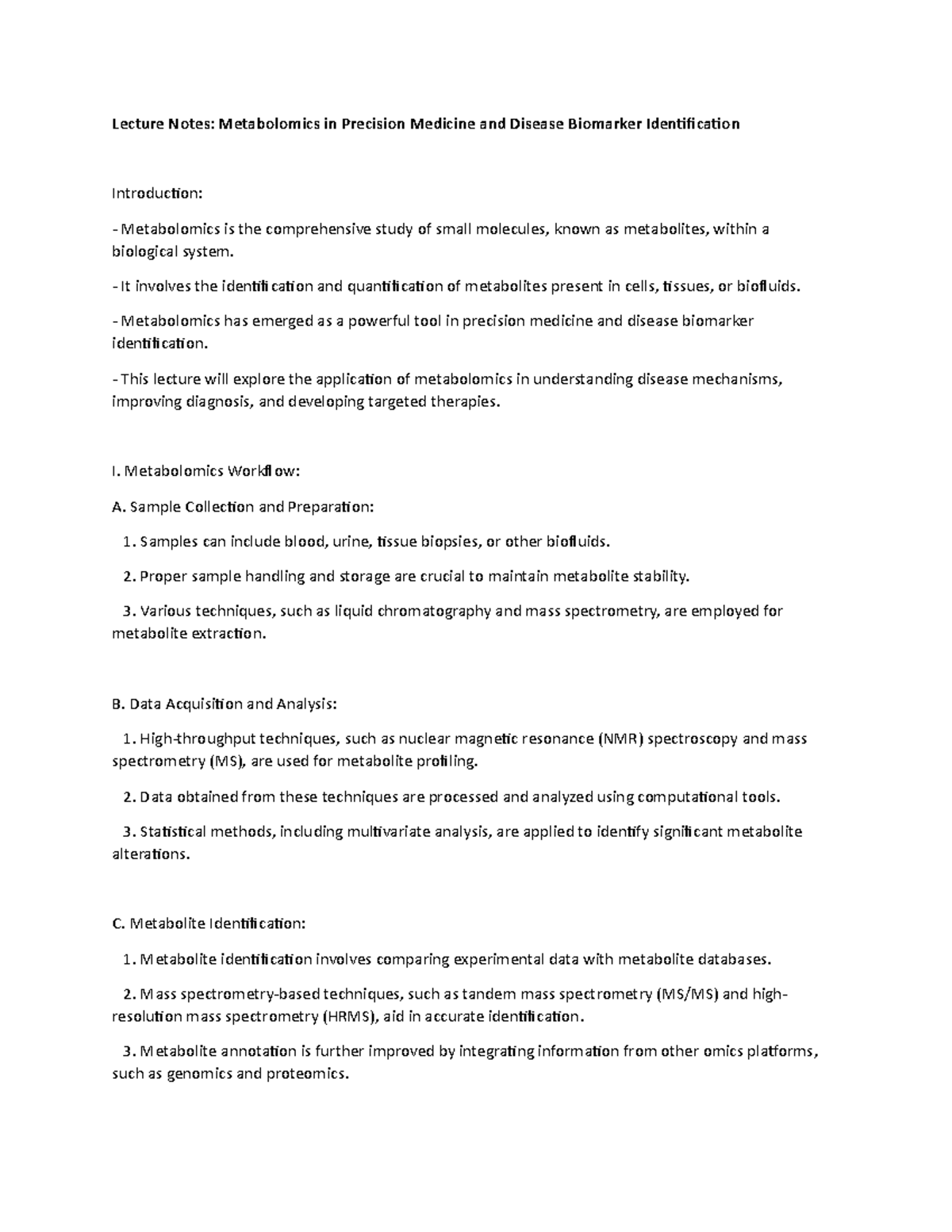 Lecture Notes: Metabolomics in Precision Medicine and Disease Biomarker ...
