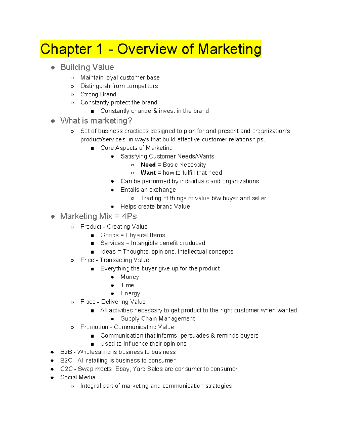 Midterm - Lecture notes 1-7 - Chapter 1 - Overview of Marketing ...