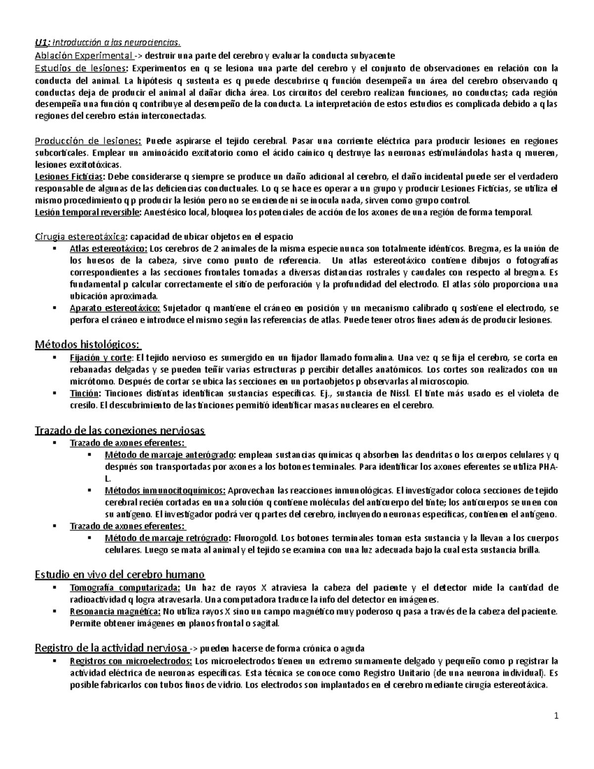 Teoricos - Neuro yorio primer parcial - U1 : Introducción a las ...