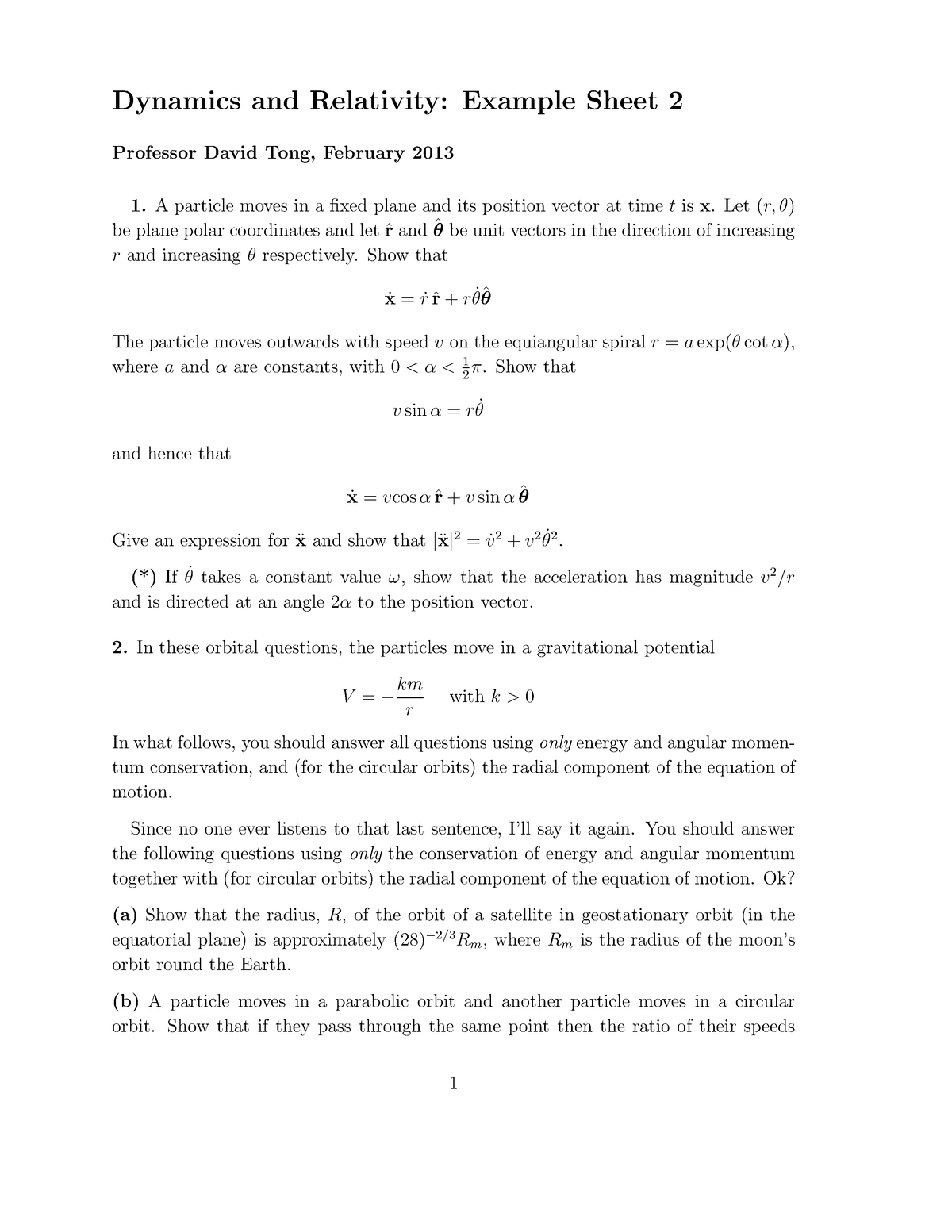 dynamic and relatively Dynamics and Relativity Example Sheet 2