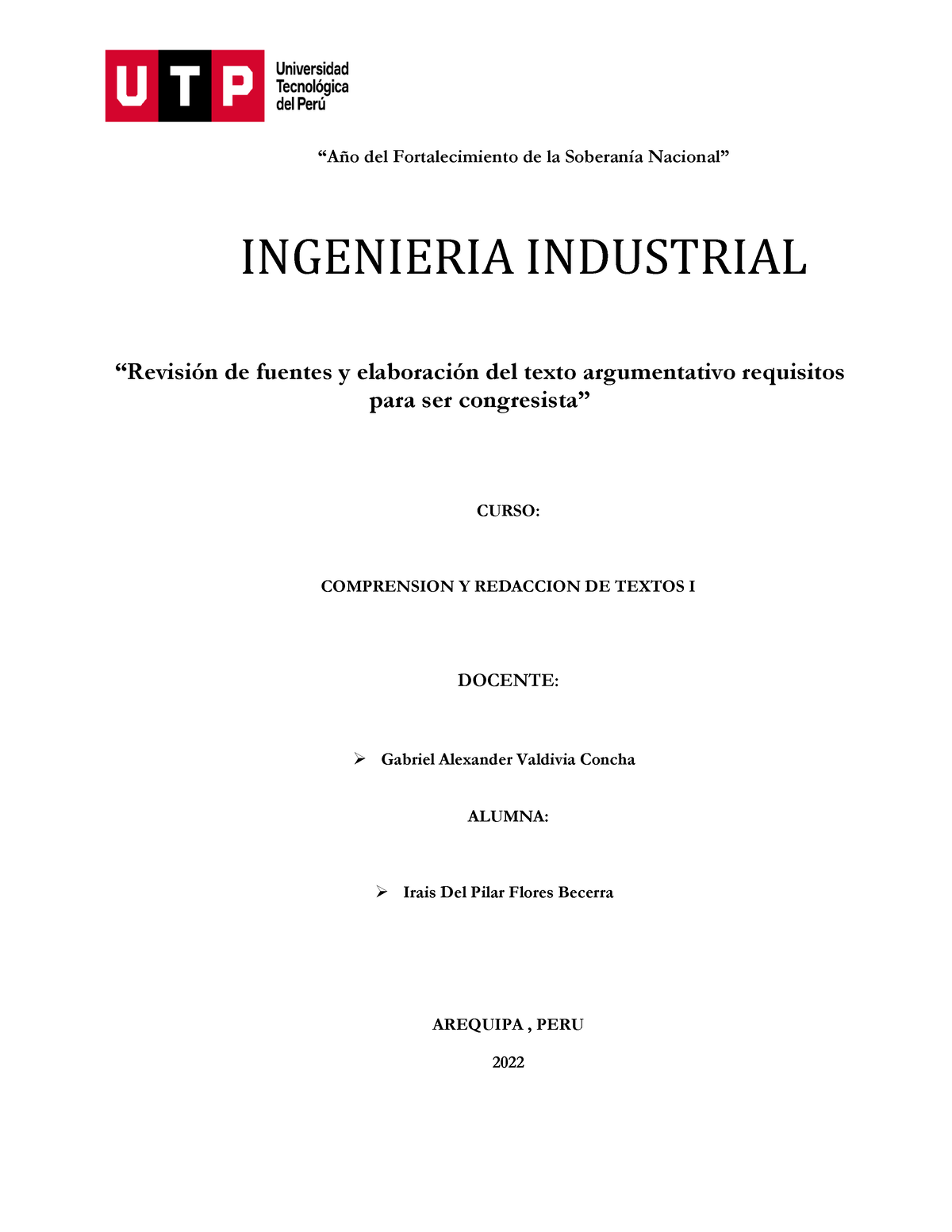 U3 S6 Texto Argumentativo (requisitos Congreso) Irais Flores - “Año Del ...