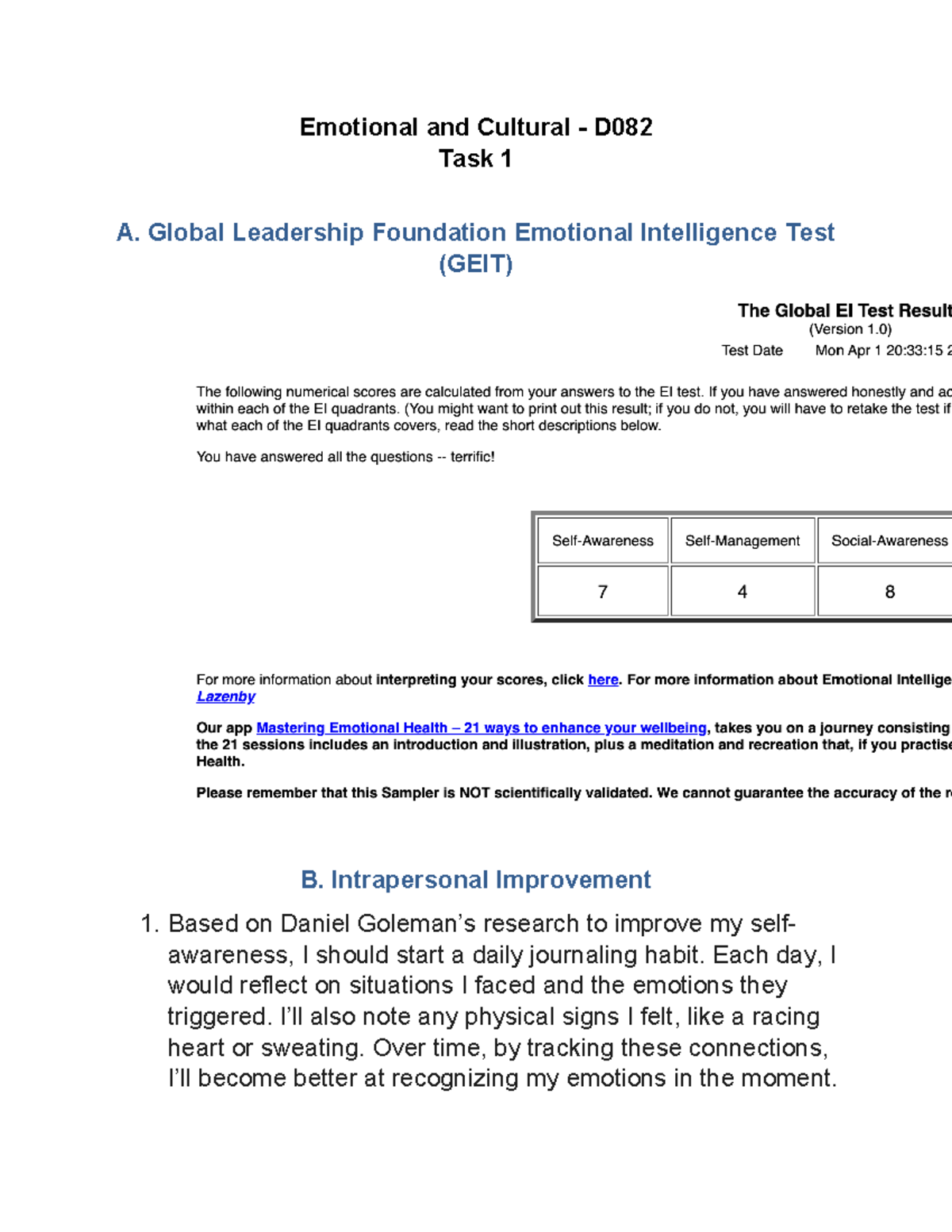 D082 Task 1 - Emotional And Cultural - D Task 1 A. Global Leadership ...