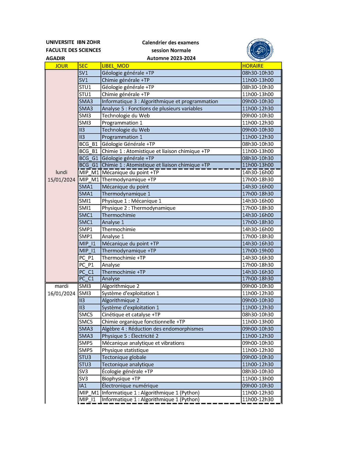 Cal Examen Aut SN 2023 2024 - UNIVERSITE IBN ZOHR Calendrier Des ...