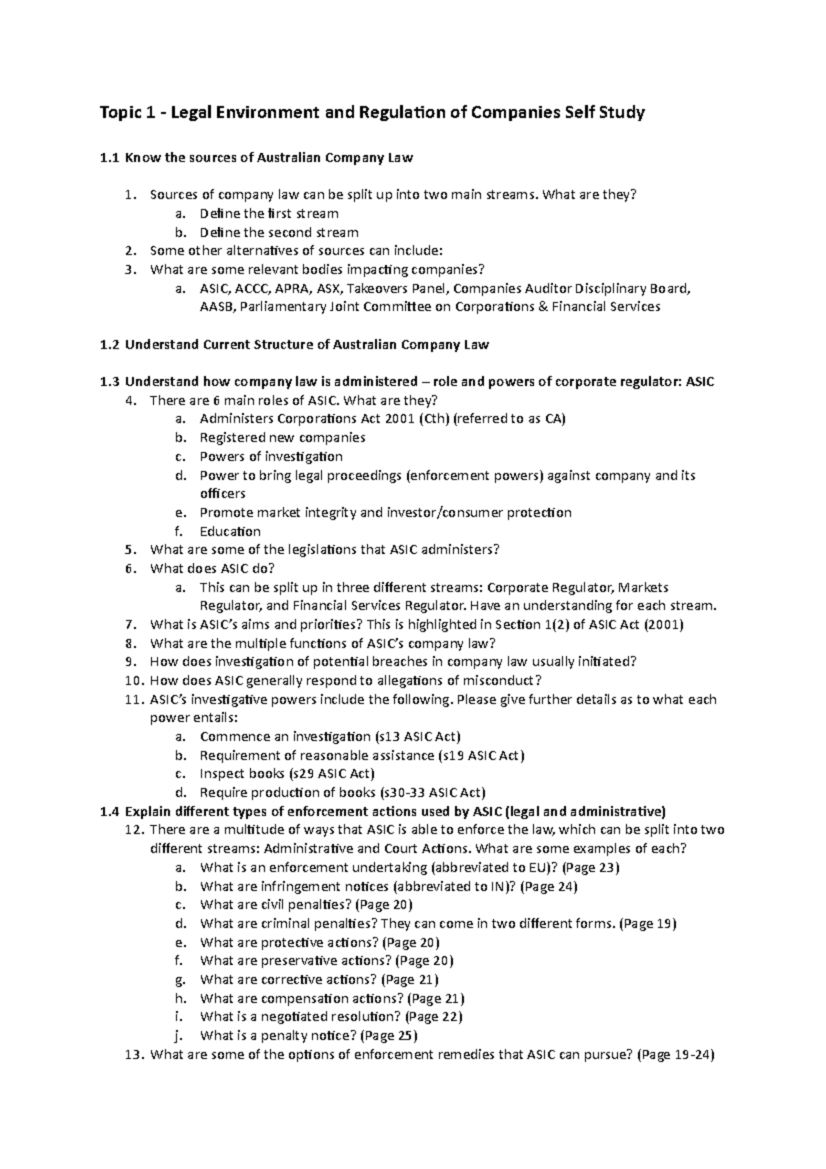 Week 1 Self Study - Topic 1 - Legal Environment and Regulation of ...