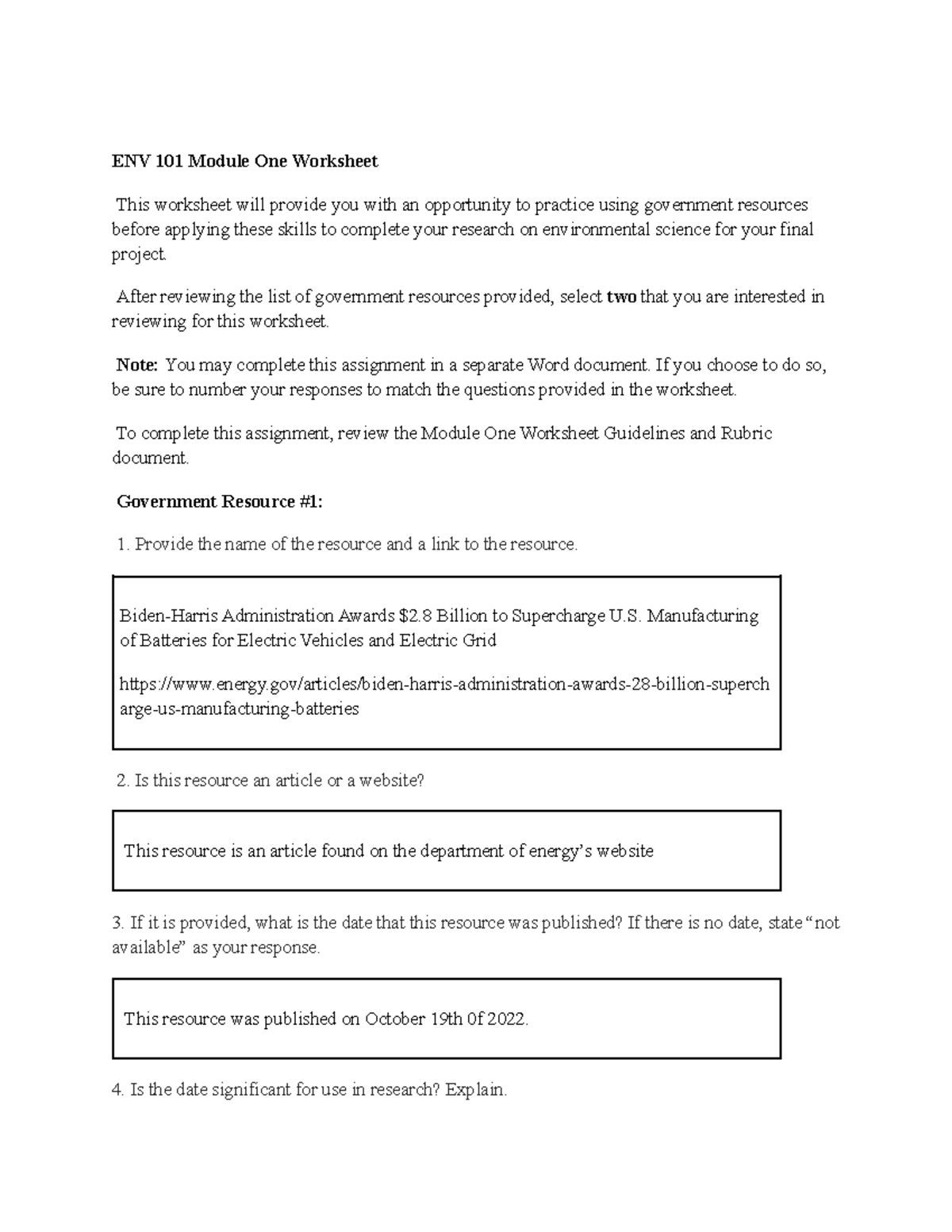 Env 101 Module One - ENV 101 Module One Worksheet This Worksheet Will ...