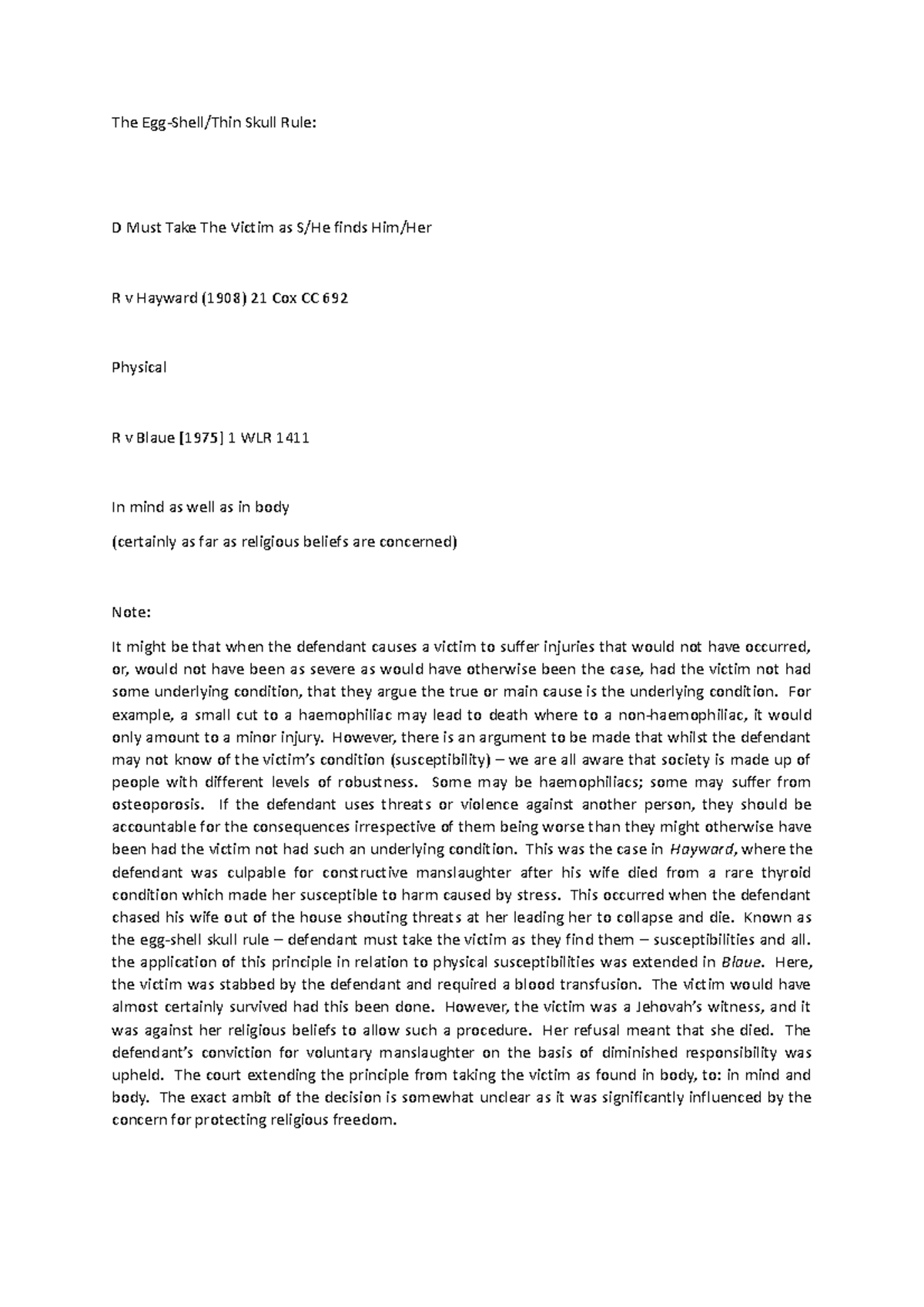 Egg Shell Skull rule - Brief Note - The Egg-Shell/Thin Skull Rule: D ...