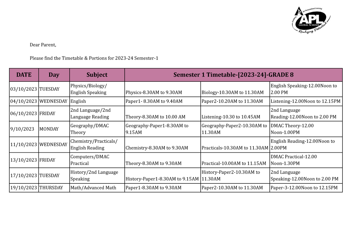 Gr 8 Semester-1[2023-24] - Dear Parent, Please Find The Timetable ...