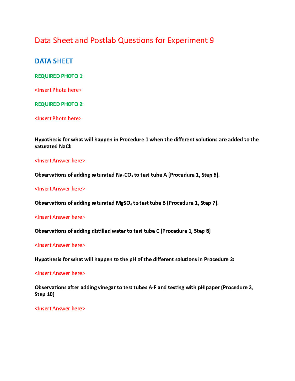 Experiment 9 - Data Sheet and Postlab Questions - Data Sheet and ...