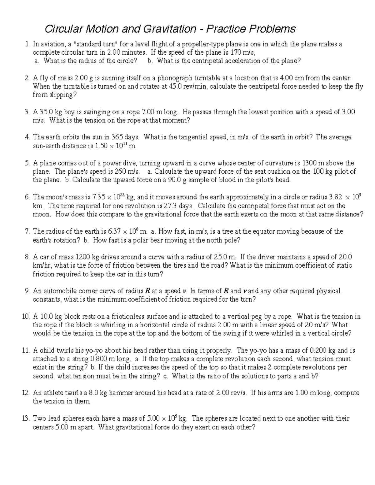 Circ Mot-Grav Problems-08 - Circular Motion and Gravitation - Practice ...