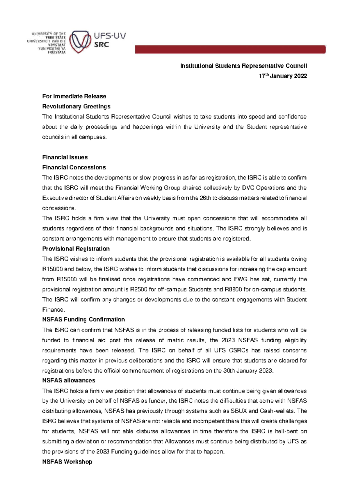 2023 Jan ISRC Statement - Institutional Students Representative Council ...