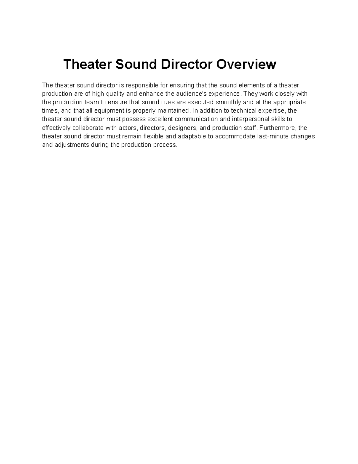 Theater Sound Director Overview - They work closely with the production ...