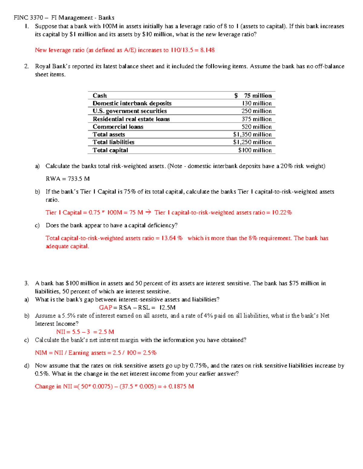 Worksheet 6 FI Management Banks Answers FINC 3370 FI Management
