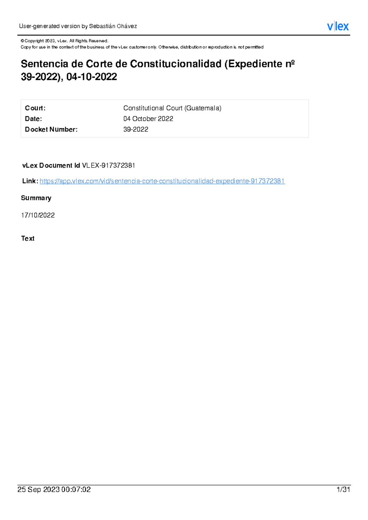Sentencia de corte de constitucionalidad expediente n 392022