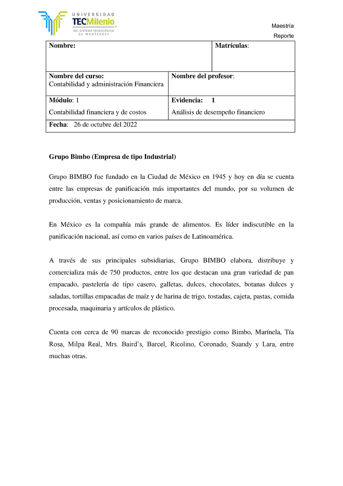 Evidencia 1 Contabilidad Y Administracion Financiera - Reporte Nombre ...