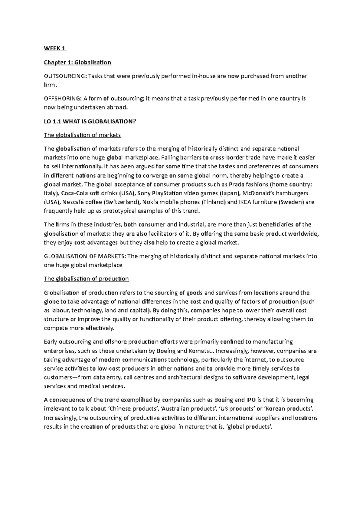 Week 1 Notes - WEEK 1 Chapter 1: Globalisation OUTSOURCING: Tasks that ...
