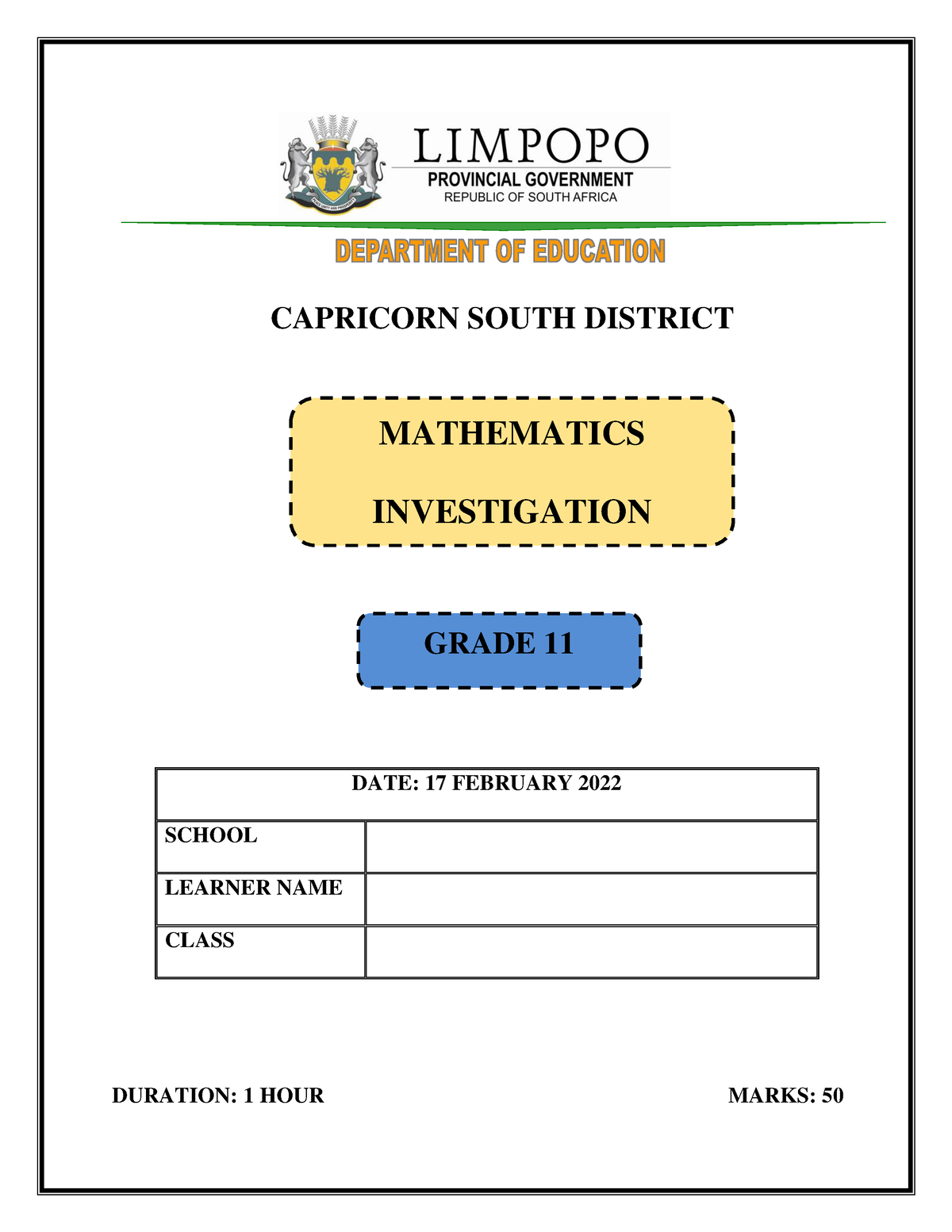 capricorn south district mathematics assignment grade 11