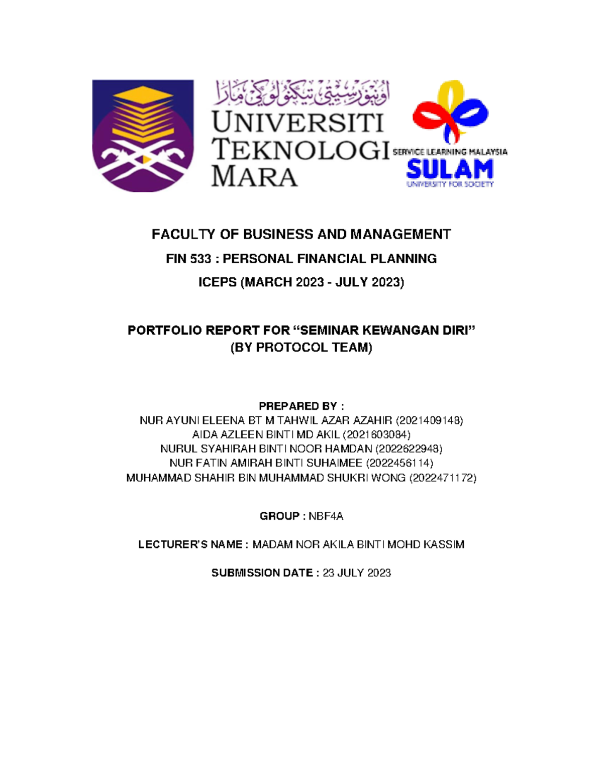 Sulam FIN 533 Portfolio Report BY Protocol TEAM (NBF4A) - FACULTY OF ...