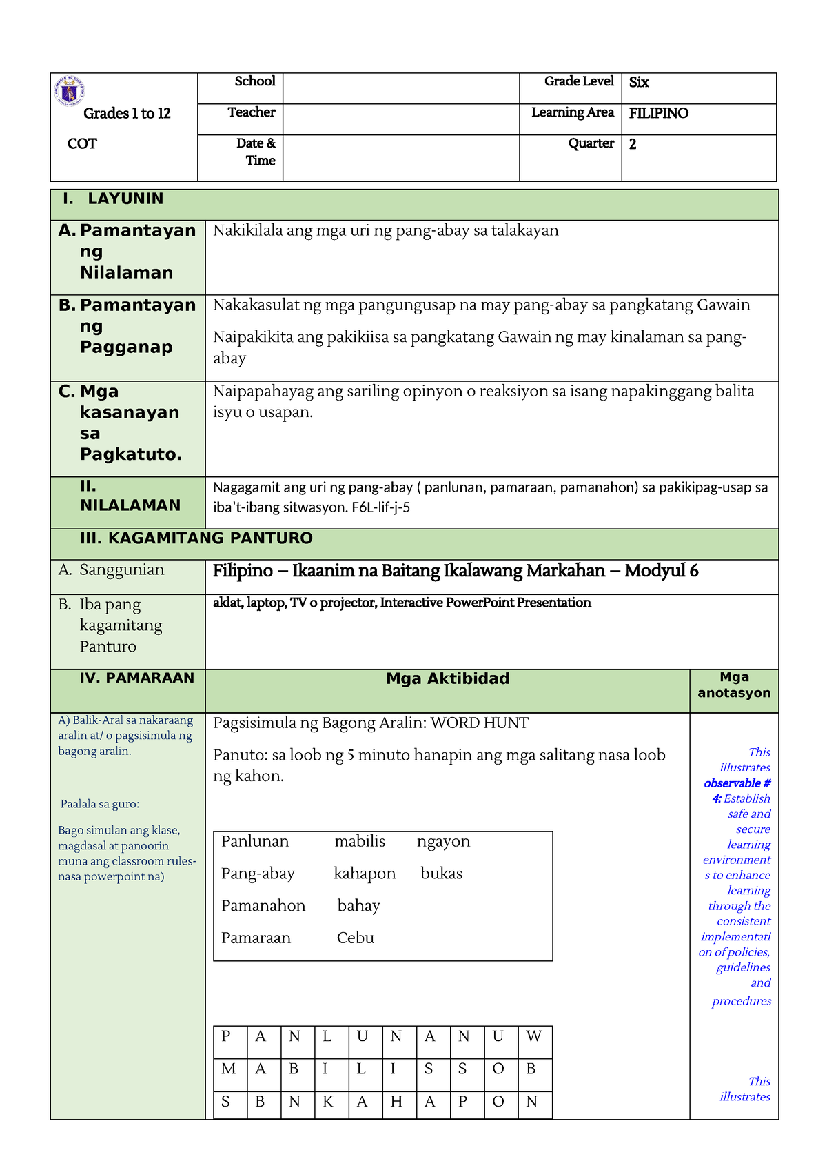 Cot Filipino 6 - Pang-Abay - Grades 1 To 12 COT School Grade Level Six ...