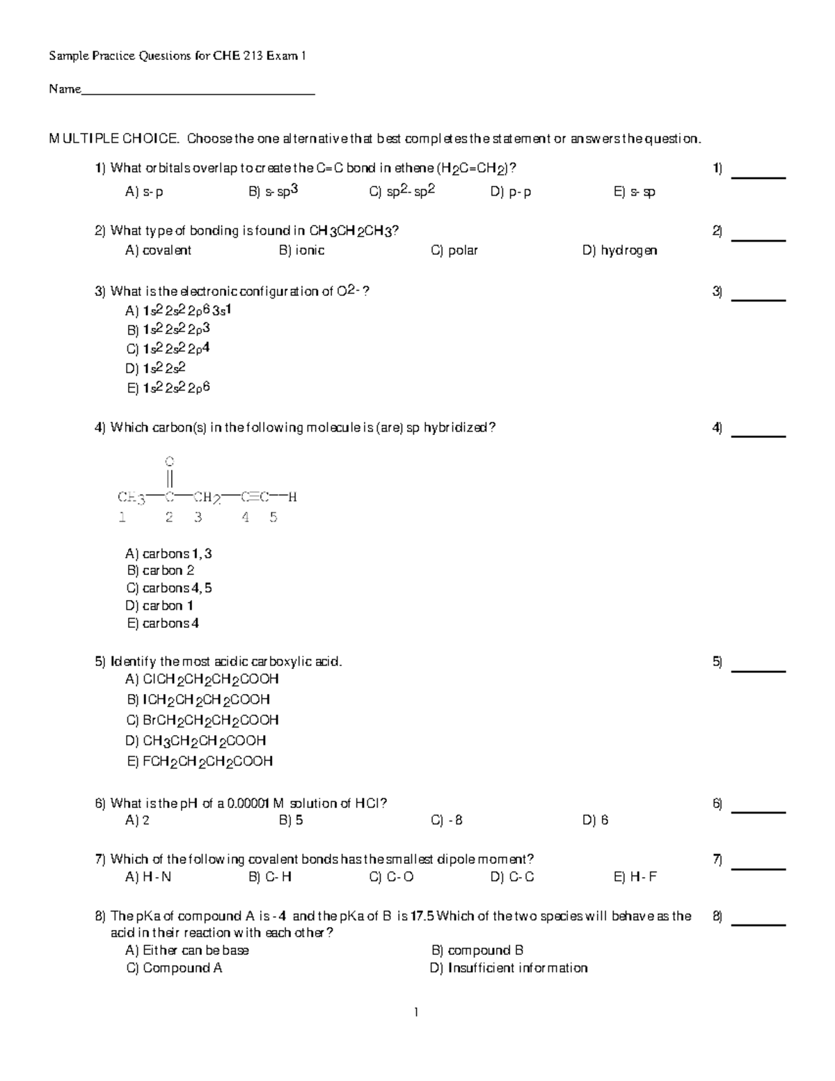 Practice Questions to CHE 213 Exam 1 - Sample Practice Questions for ...