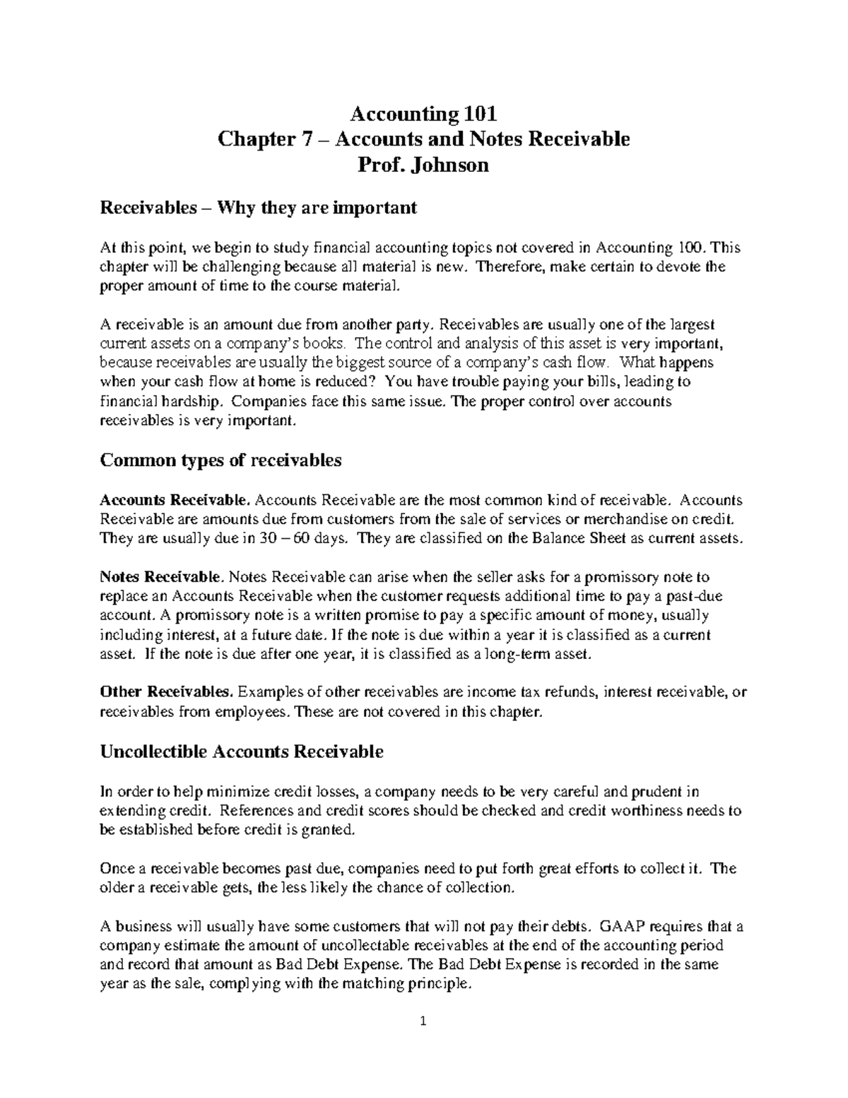 Receivables Accounting 101 Chapter 7 Accounts And Notes Receivable Prof Johnson Receivables Receivables Accounting 101 Chapter 7 Accounts And Notes Receivable Prof Johnson Receivables