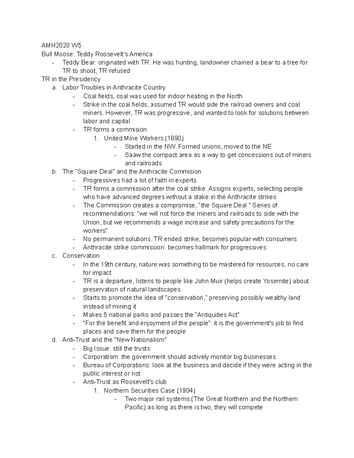 AMH2020 W5 - my notes (research) - AMH2020 W Bull Moose: Teddy ...