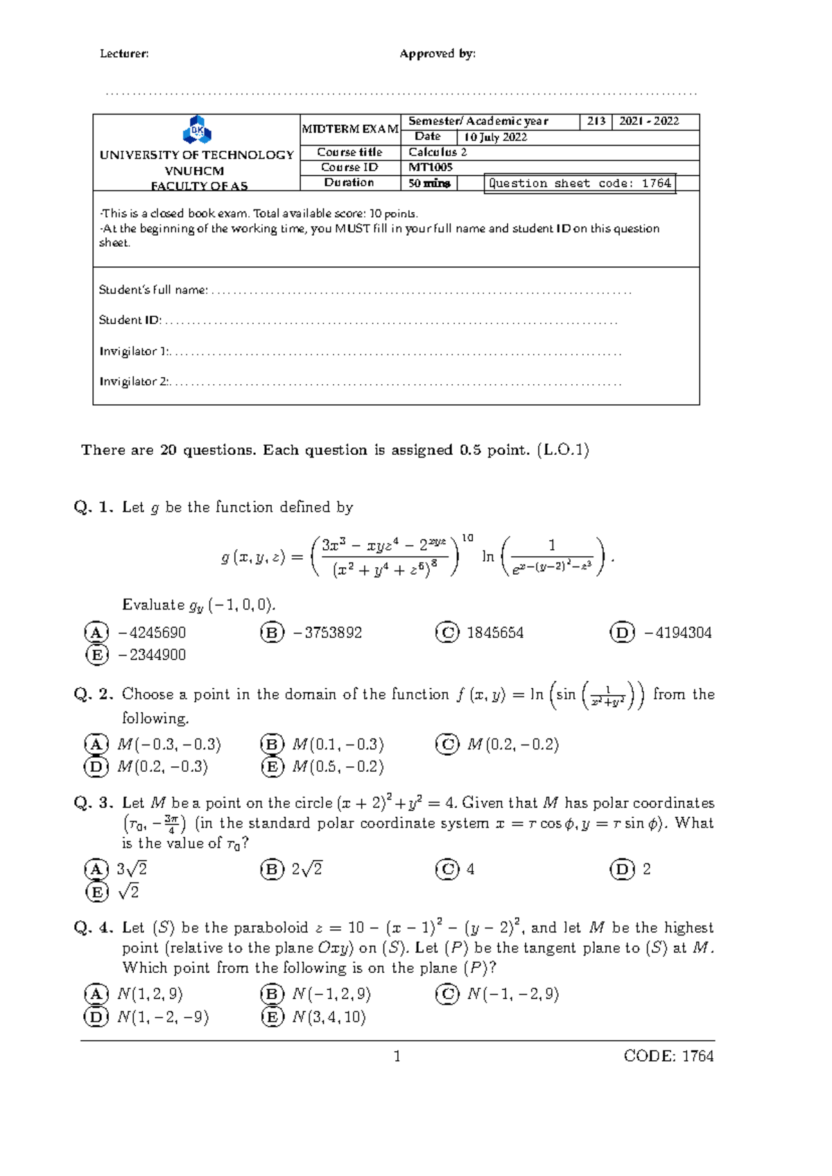 Calculus 2 213 Midterm - CODE: 4 Lecturer: Approved by: - Studocu