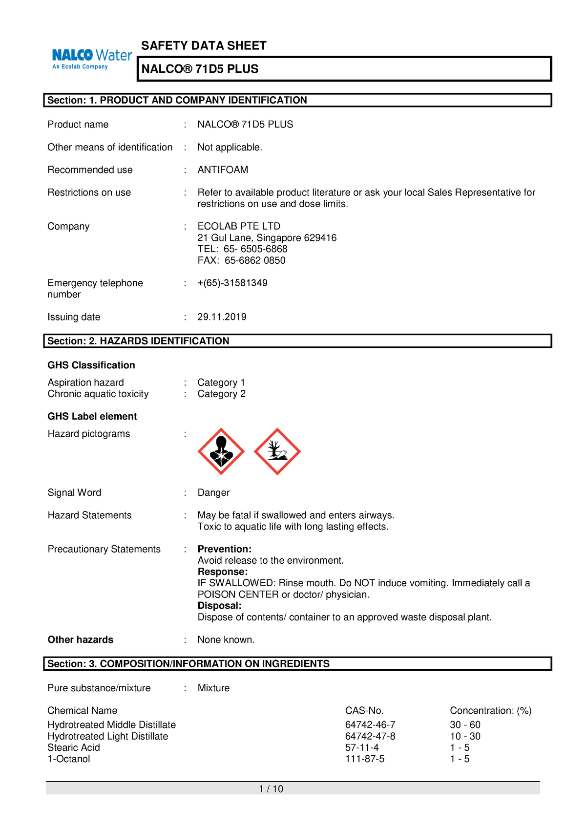 SDS Nalco NA 2019 1129 Nalco 71D5 Plus - NALCO® 71D5 PLUS Section: 1 ...