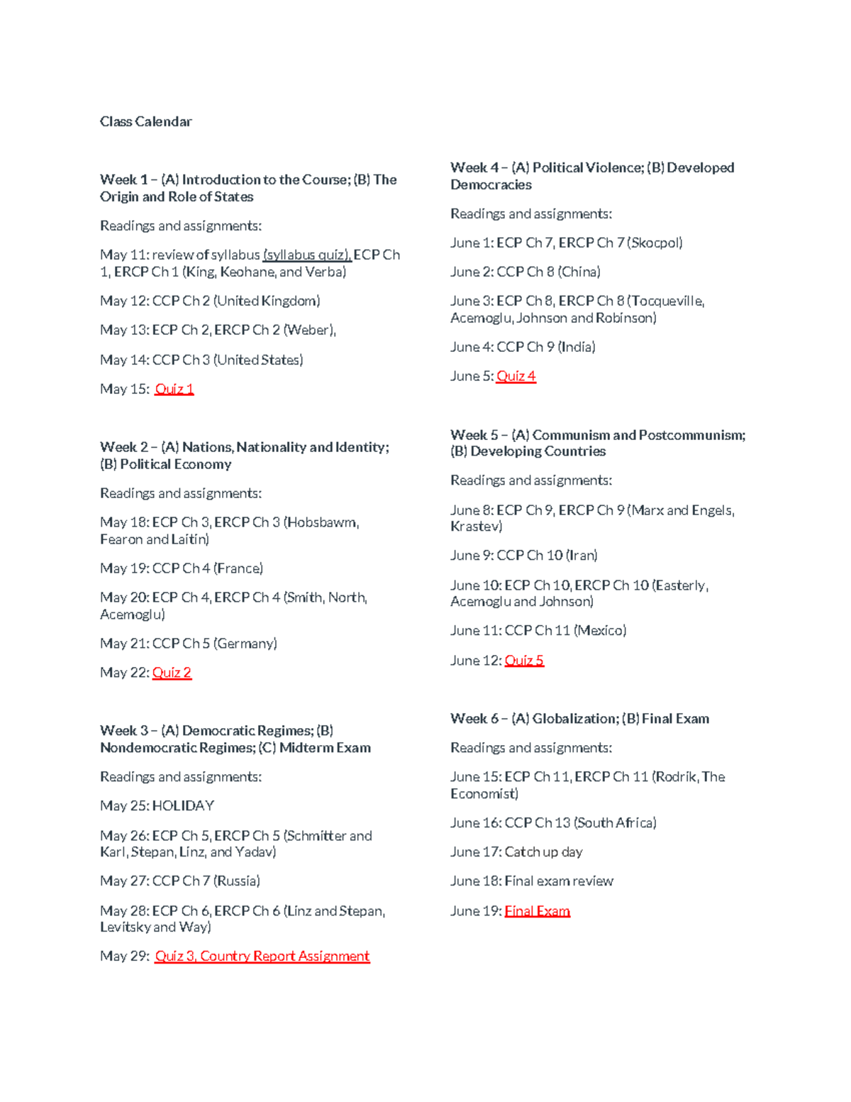Class Calendar - all course work in detail - Class Calendar Week 1 – (A ...