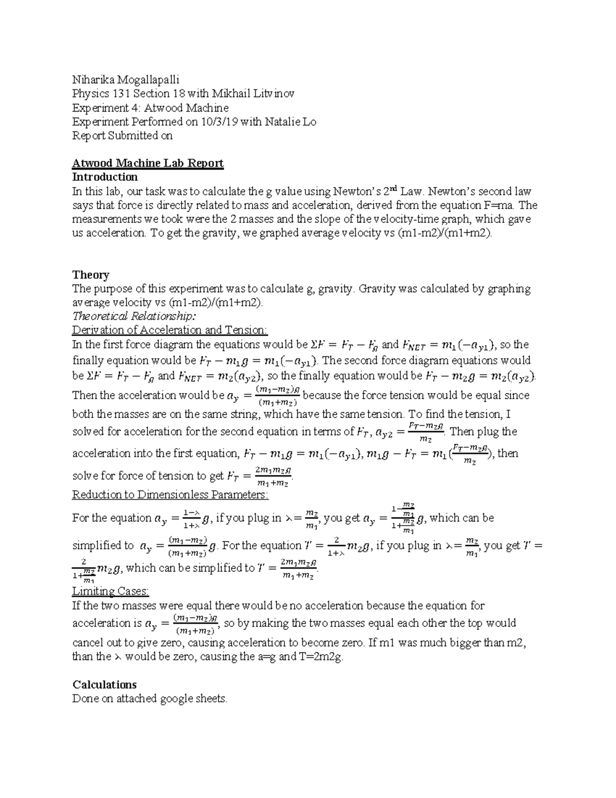 Atwood Machine Lab Report Niharika Mogallapalli Physics 131 Section