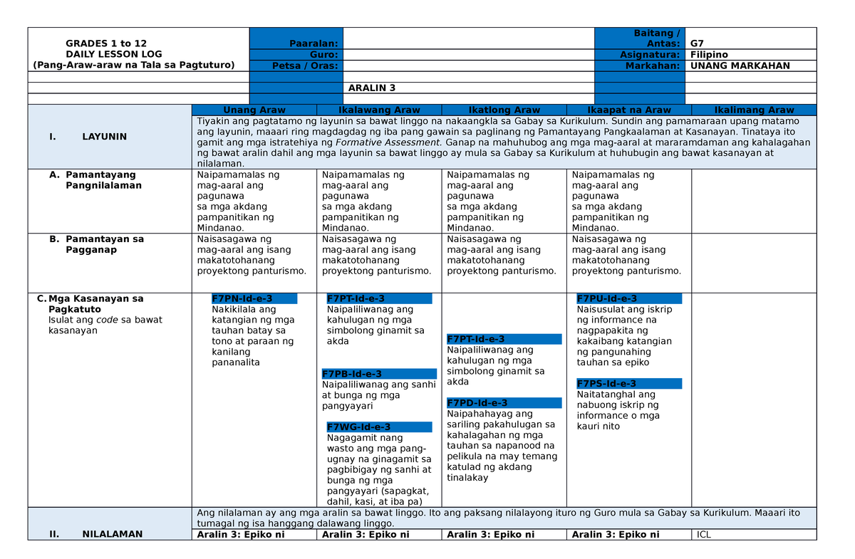 Aralin 1 - Lesson Plan - GRADES 1 To 12 DAILY LESSON LOG (Pang-Araw ...