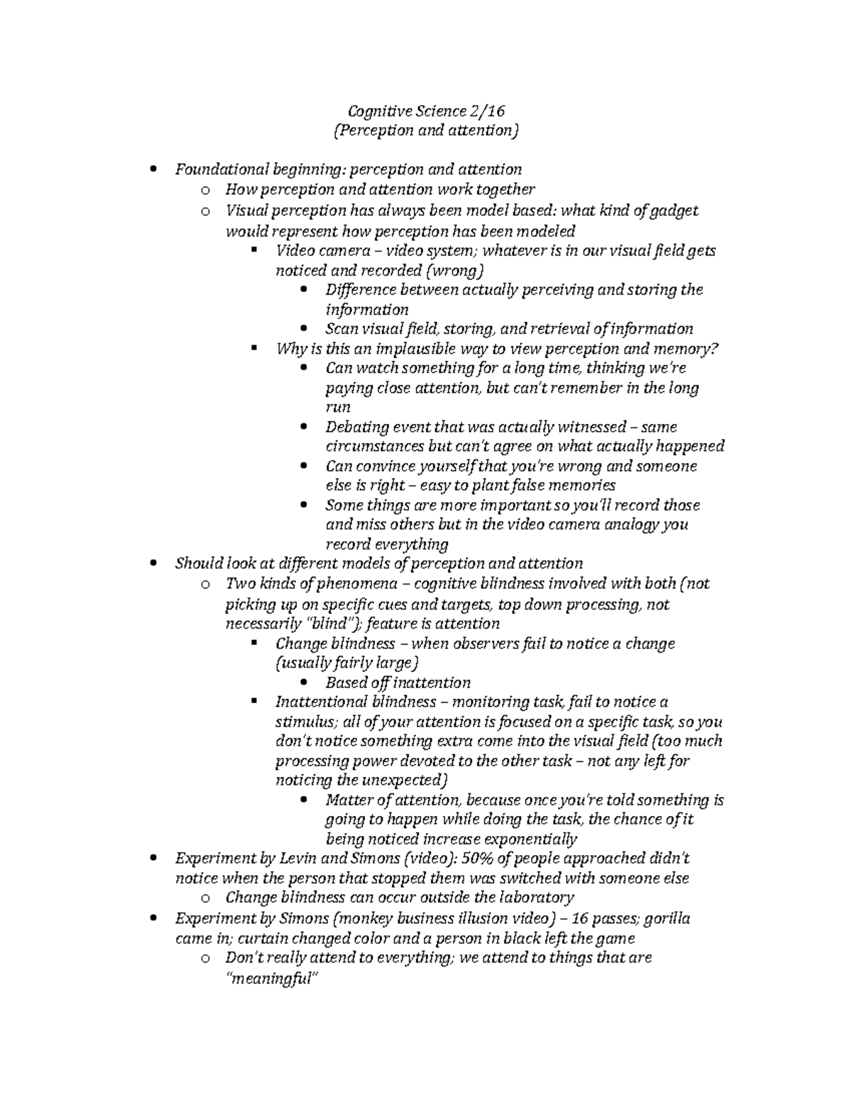 Cognitive Science Unit 2 Notes - Cognitive Science 2/16 (Perception And ...